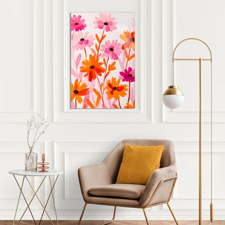 Pembe Turuncu Çiçekler Cam Tablo 35x50 cm