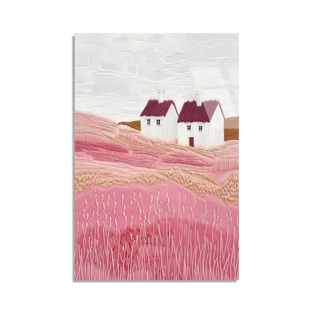 Pembe Tepe Beyaz Evler Cam Tablo 35x50 cm