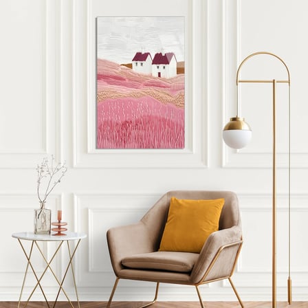 Pembe Tepe Beyaz Evler Cam Tablo 35x50 cm