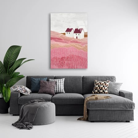 Pembe Tepe Beyaz Evler Cam Tablo 35x50 cm
