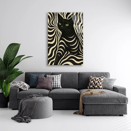 Siyah Kedi Deseni Cam Tablo 35x50 cm