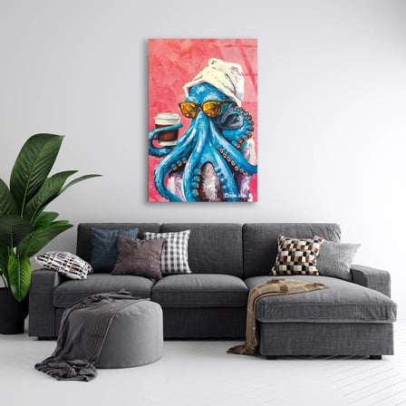 Gözlüklü Ahtapot Kahve Cam Tablo 35x50 cm