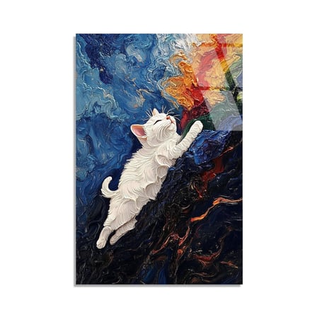 Beyaz Kedi Tırmanıyor Cam Tablo 35x50 cm