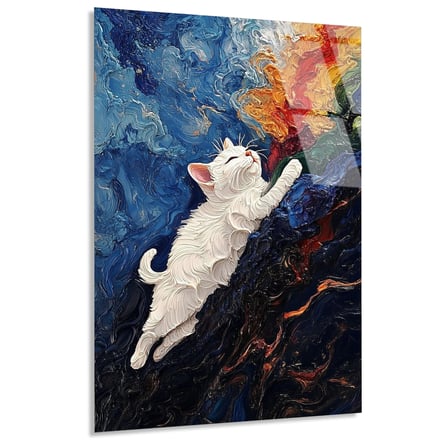 Beyaz Kedi Tırmanıyor Cam Tablo 35x50 cm