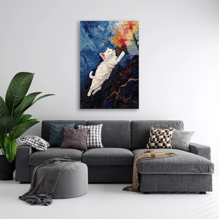Beyaz Kedi Tırmanıyor Cam Tablo 35x50 cm