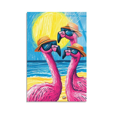 Şapkalı Gözlüklü Flamingolar Cam Tablo 35x50 cm