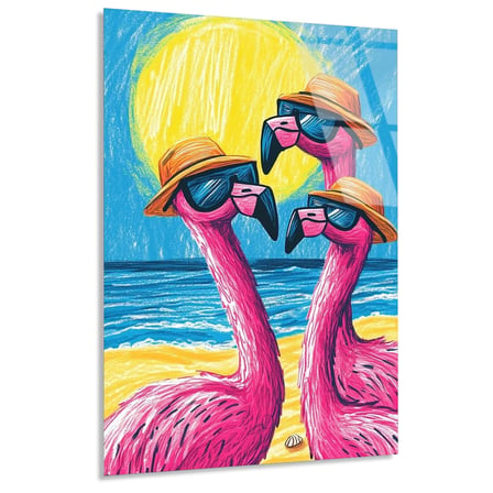 Şapkalı Gözlüklü Flamingolar Cam Tablo 35x50 cm