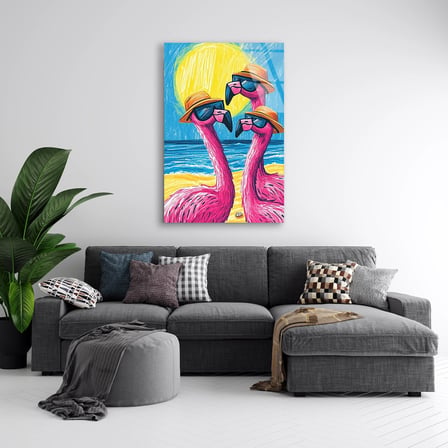 Şapkalı Gözlüklü Flamingolar Cam Tablo 35x50 cm