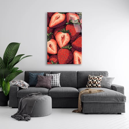 Kırmızı Çilek Deseni Cam Tablo 35x50 cm
