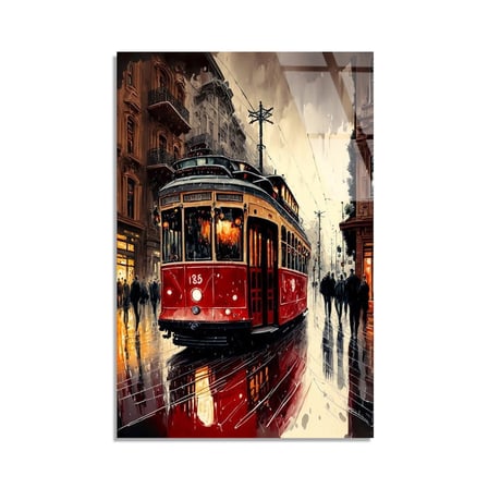 Kırmızı Tramvay Yağmurlu Sokak Cam Tablo 35x50 cm