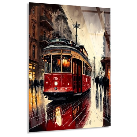 Kırmızı Tramvay Yağmurlu Sokak Cam Tablo 35x50 cm