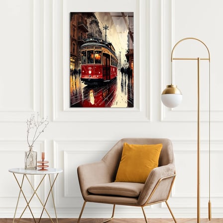 Kırmızı Tramvay Yağmurlu Sokak Cam Tablo 35x50 cm