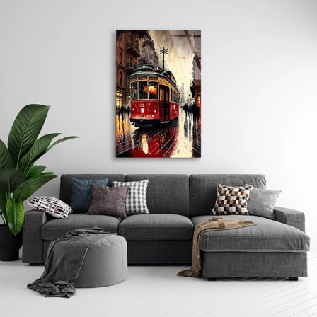 Kırmızı Tramvay Yağmurlu Sokak Cam Tablo 35x50 cm