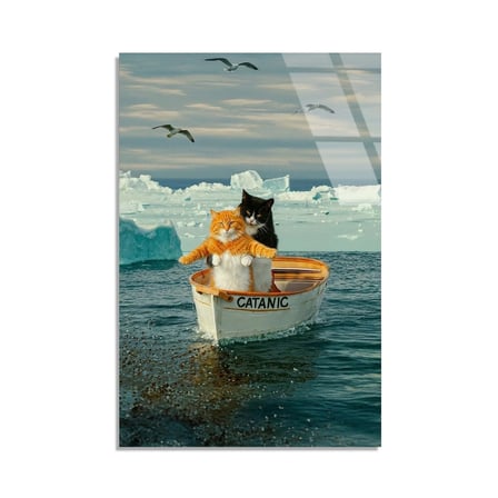 Kedi Teknede Buzdağı Cam Tablo 35x50 cm