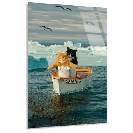 Kedi Teknede Buzdağı Cam Tablo 35x50 cm