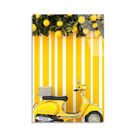 Sarı Vespa Motosiklet Limon Cam Tablo 35x50 cm