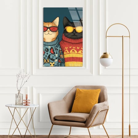 Gözlüklü Kazaklı Kediler Cam Tablo 35x50 cm