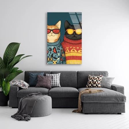 Gözlüklü Kazaklı Kediler Cam Tablo 35x50 cm