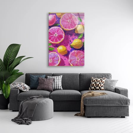 Pembe Greyfurt Limon Deseni Cam Tablo 35x50 cm