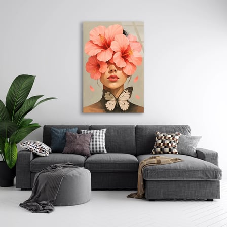 Çiçekli Kadın Portresi Cam Tablo 35x50 cm