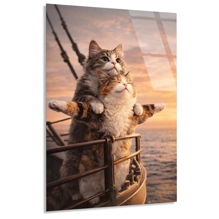 Kedi Teknede Günbatımı Cam Tablo 35x50 cm
