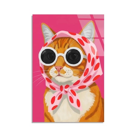 Gözlüklü Eşarplı Kedi Cam Tablo 35x50 cm