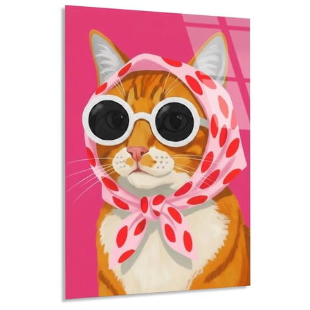Gözlüklü Eşarplı Kedi Cam Tablo 35x50 cm