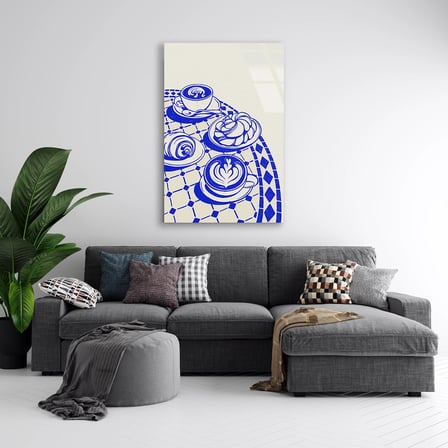 Mavi Kahve Fincanı Çizim Cam Tablo 35x50 cm