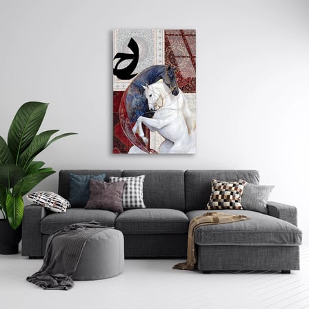 Şahlanan Beyaz At Cam Tablo 35x50 cm