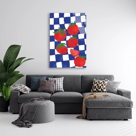 Domates Mavi Dama Cam Tablo 35x50 cm