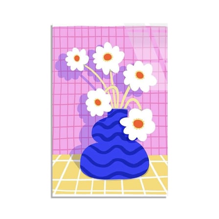 Mavi Vazoda Papatyalar Cam Tablo 35x50 cm