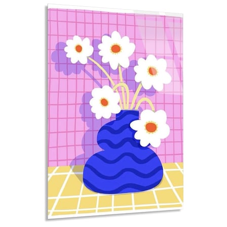 Mavi Vazoda Papatyalar Cam Tablo 35x50 cm
