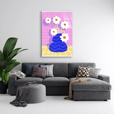 Mavi Vazoda Papatyalar Cam Tablo 35x50 cm