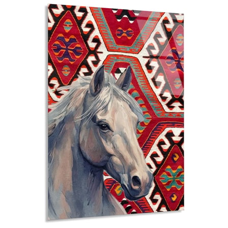 At Ve Kilim Deseni Cam Tablo 35x50 cm