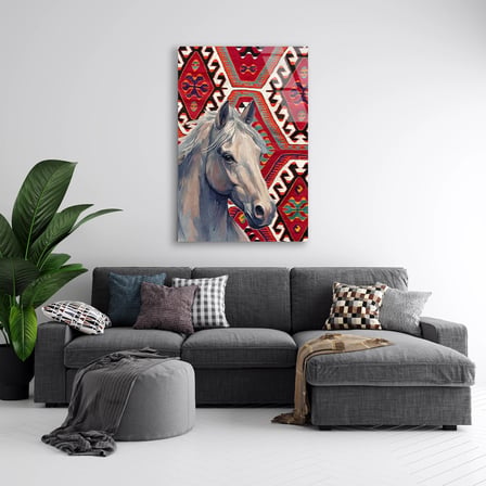 At Ve Kilim Deseni Cam Tablo 35x50 cm