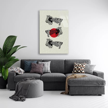 Japon Balıkları Çizim Cam Tablo 35x50 cm