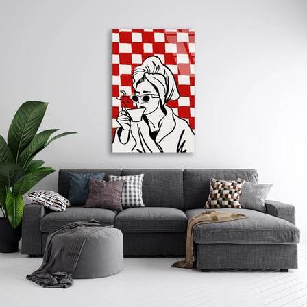 Kahve İçen Kadın Pop Art Cam Tablo 35x50 cm