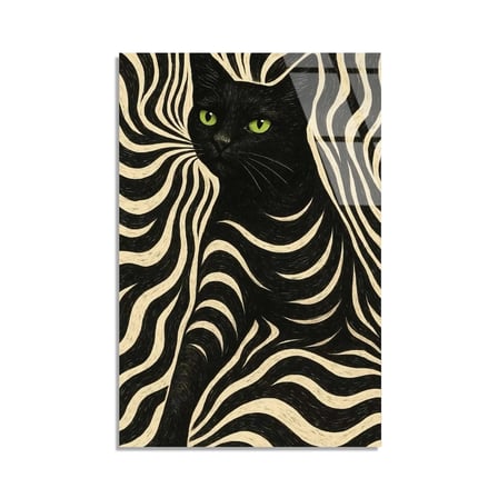 Siyah Kedi Zebra Deseni Cam Tablo 35x50 cm