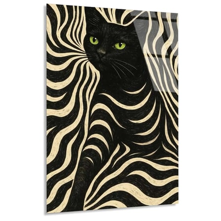 Siyah Kedi Zebra Deseni Cam Tablo 35x50 cm