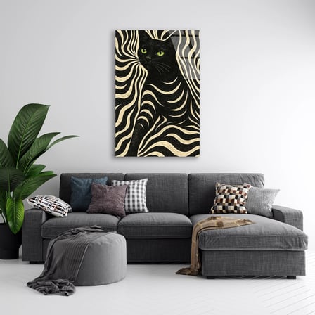 Siyah Kedi Zebra Deseni Cam Tablo 35x50 cm