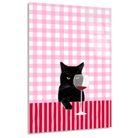 Şaraplı Siyah Kedi Cam Tablo 35x50 cm