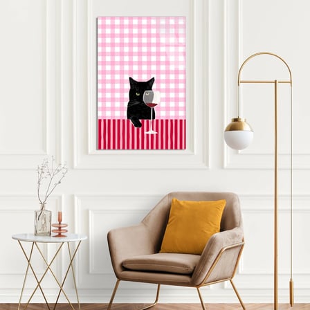 Şaraplı Siyah Kedi Cam Tablo 35x50 cm
