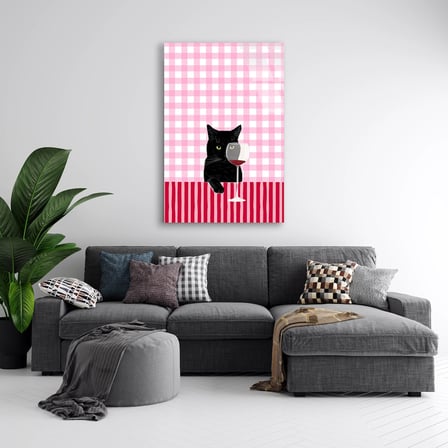Şaraplı Siyah Kedi Cam Tablo 35x50 cm