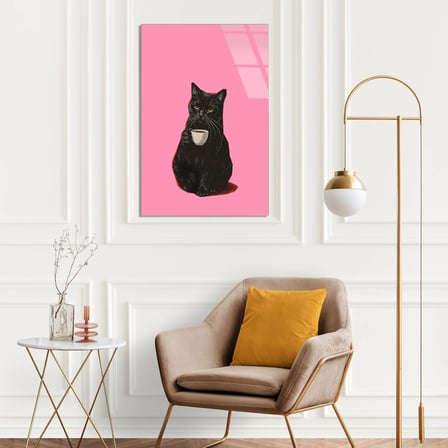 Kahveli Siyah Kedi Cam Tablo 35x50 cm