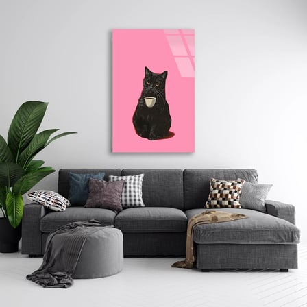 Kahveli Siyah Kedi Cam Tablo 35x50 cm