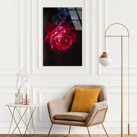 Koyu Zeminde Kırmızı Gül Cam Tablo 35x50 cm