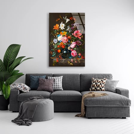 Klasik Saksi Cicek Natürmort Cam Tablo 35x50 cm