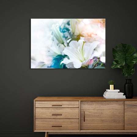 Beyaz Zambak Çiçekleri Cam Tablo 50x35 cm