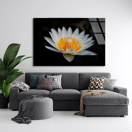 Beyaz Lotus Çiçeği Cam Tablo 50x35 cm