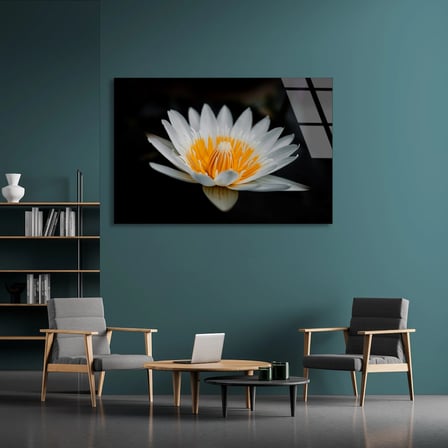 Beyaz Lotus Çiçeği Cam Tablo 50x35 cm